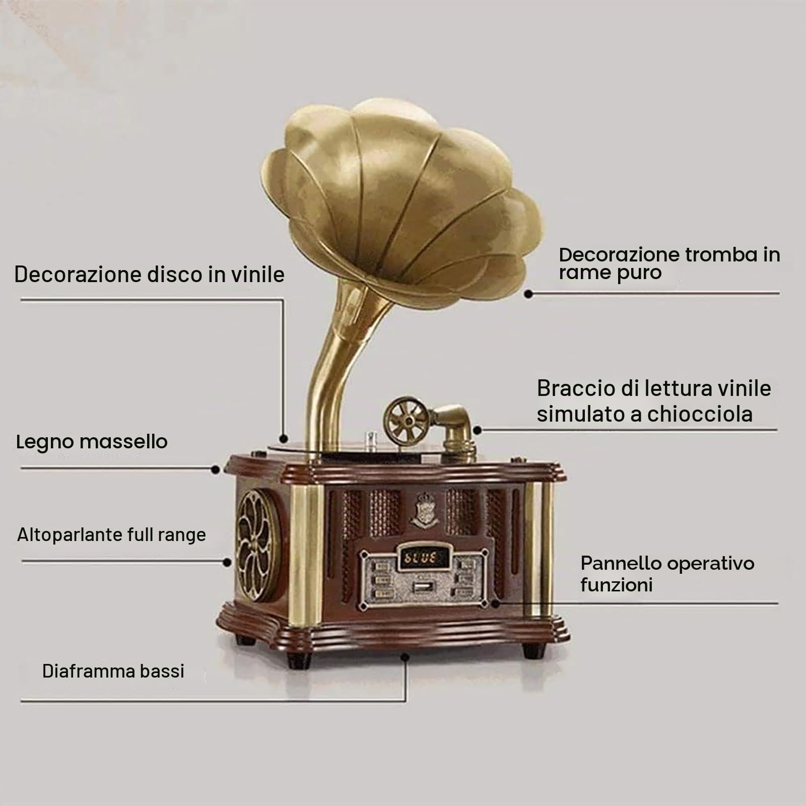 Giradischi in vinile con grammofono lettore di dischi con altoparlante integrato 3,5 mm Aux-in/USB/FM e funzione Bluetooth - Perfetto per gli amanti della musica a casa/in ufficio