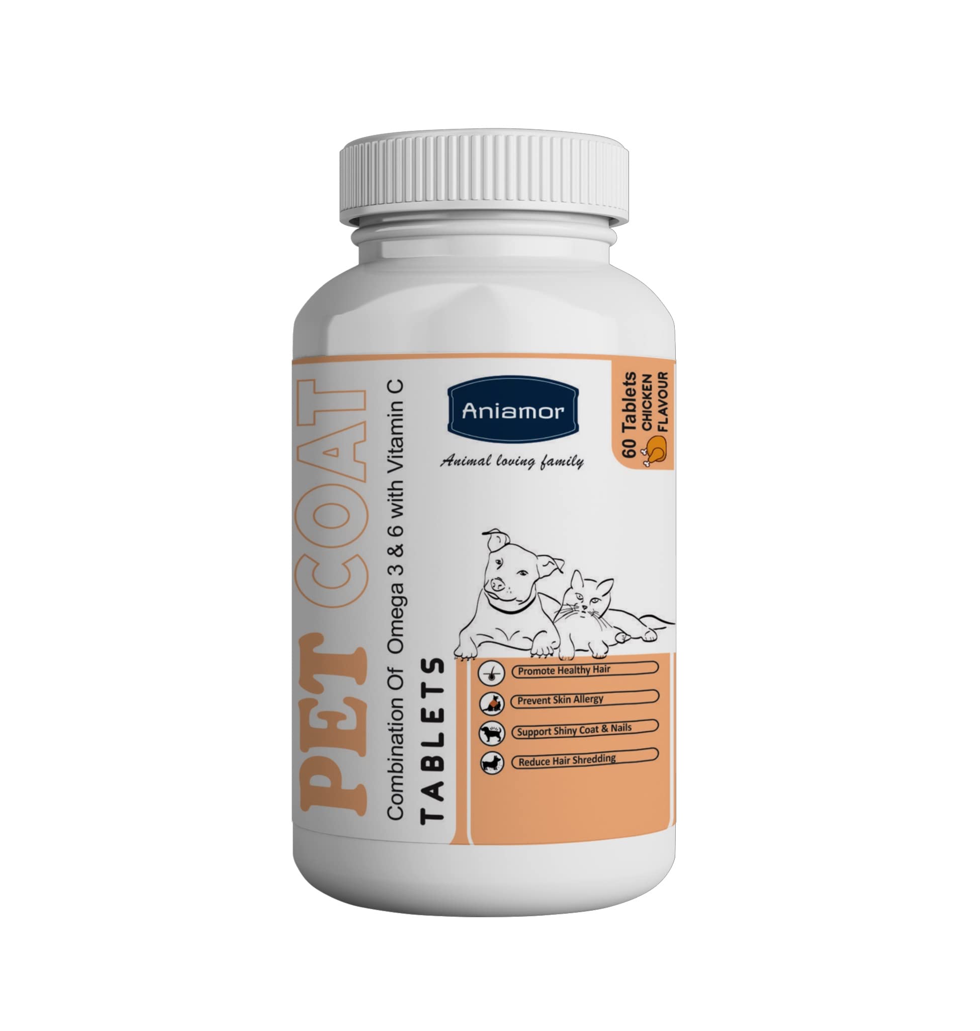 Pet Coat Tablets for Dogs and Cats | Enhance Shiny and Smooth Coat | Dogs and Cats Supplement | Chicken Flavour | for All Life Stages | 60 Tablets