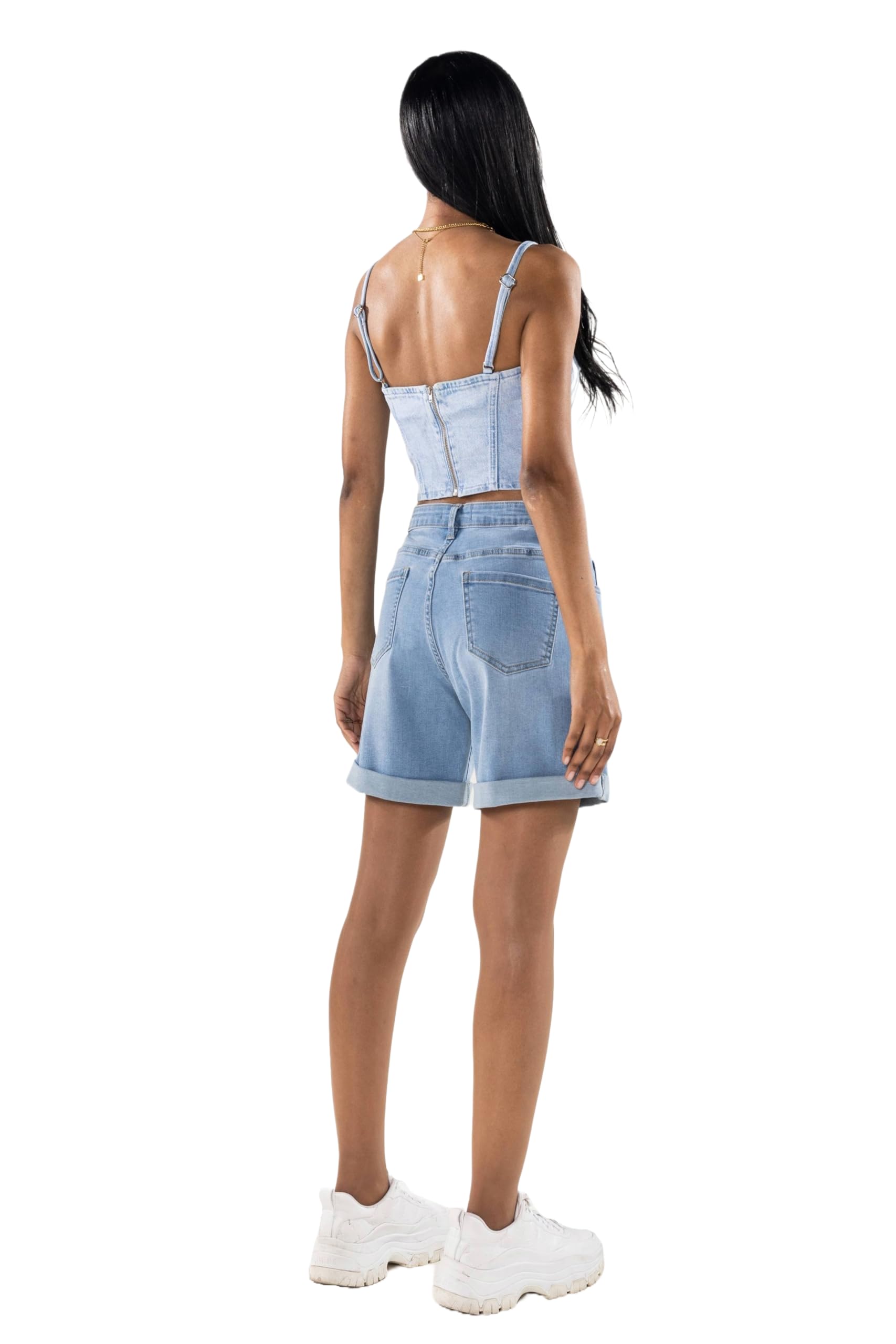 Nina Carter P208 Pantalones vaqueros cortos de cintura alta para mujer, aspecto desgastado, medio muslo, pantalones cortos de verano