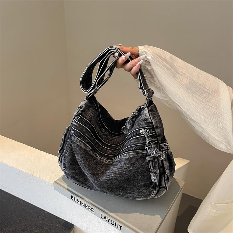 Image of Denim Shoulder Bag Canvas Messenger Bag for Women Men Tote Bag Casual Retro Aesthetic Crossbody Bag Handbag