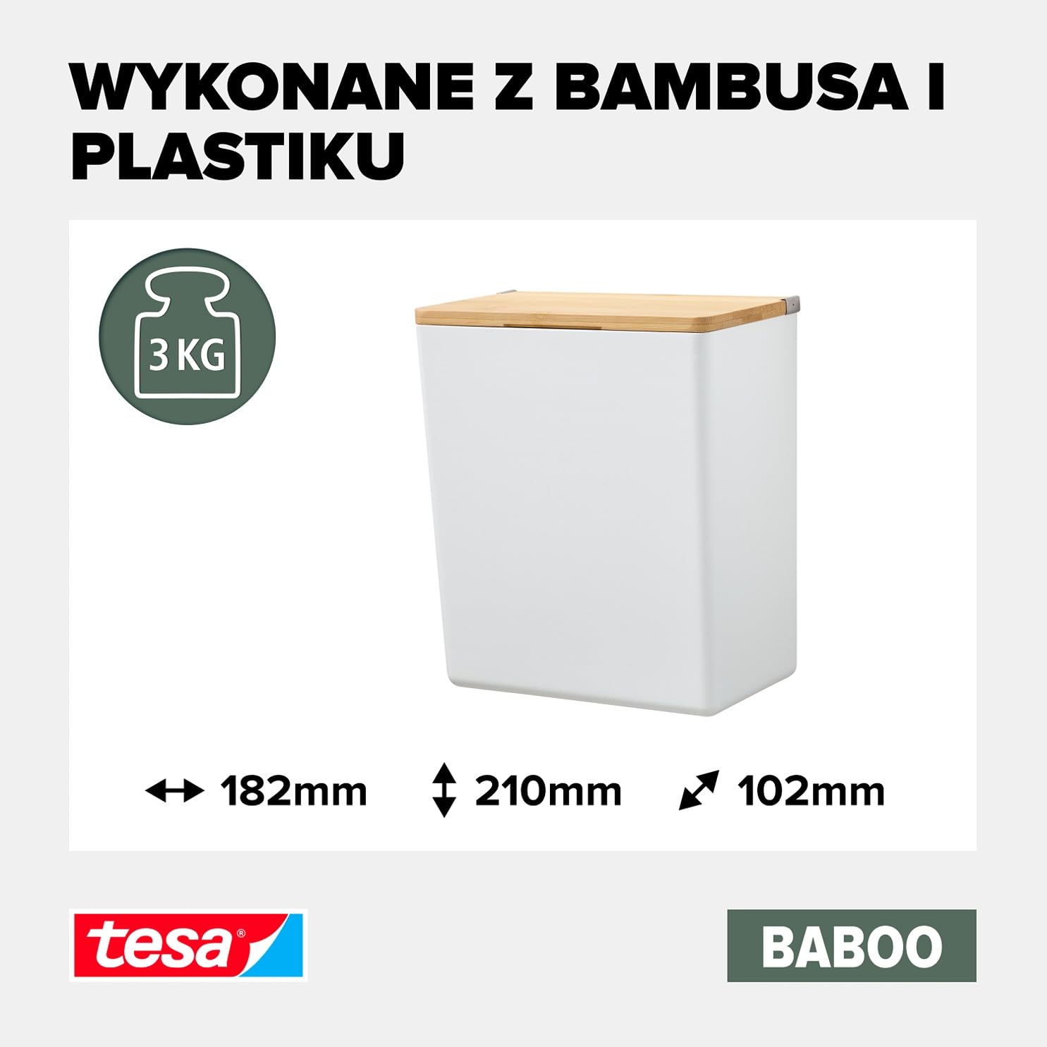 tesa Baboo Organizer Łazienkowy L z Bambusową Pokrywą, Matowy Biały, Pojemnik do Łazienki, Montaż bez Wiercenia, Plastry Montażowe tesa Powerstrips Waterproof XL, 182 mm x 210 mm x 102 mm