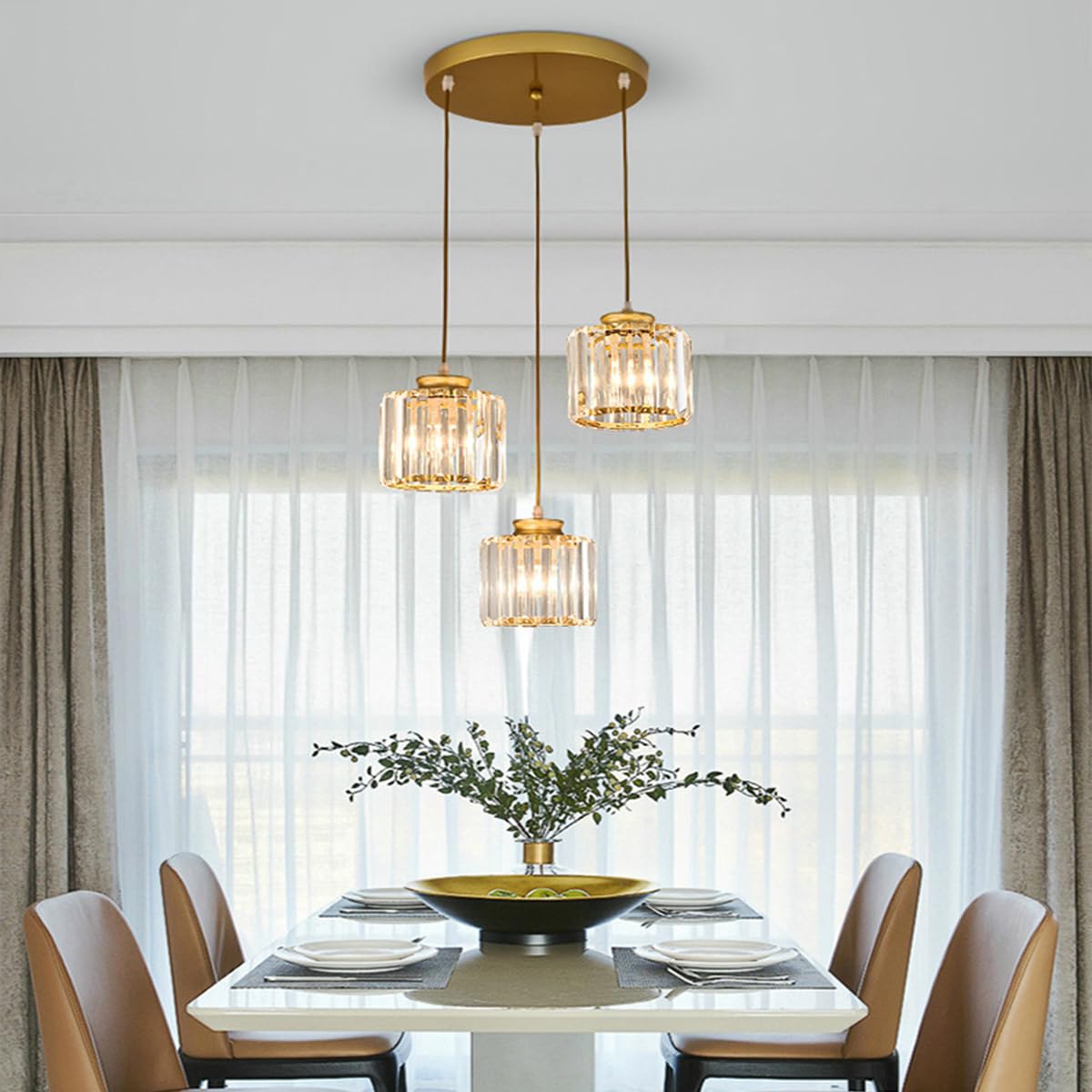Lámpara colgante de cristal de 3 luces, base dorada y lámpara de techo de cristal, accesorio de iluminación colgante para cocina, isla, comedor, dormitorio (Oro)