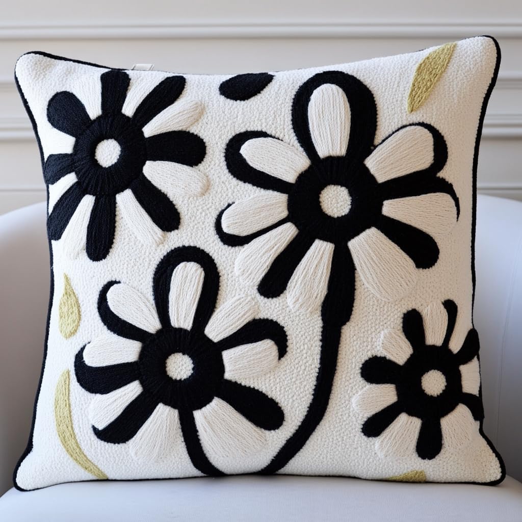 DIY Punch Needle Pillow Kit Black and White Daisy Flowers with Pattern and Hoop Handmade Embroidery Punch Needle Starter Pillowcase Making Set for Home Sofa Decoration 43x43cm-7