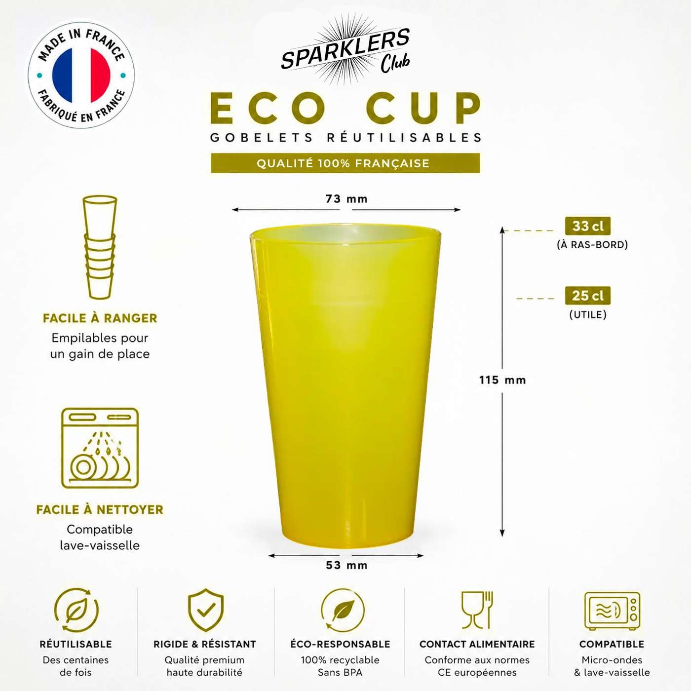 SPARKLERS CLUB - Lot de 200 Gobelets Reutilisables 25cl (33cl a ras-bord) - Polypropylene (PP) alimentaire rigide - Compatible lave-vaisselle - Fabriques en France - Couleur Jaune