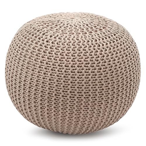 Pouf, pouf ottomano, pouf rotondo, poggiapiedi e pouf piccolo, pouf per soggiorno, lavorato a mano in stile bohémien, 45,7 x 45,7 x 35,6 cm, colore lino beige