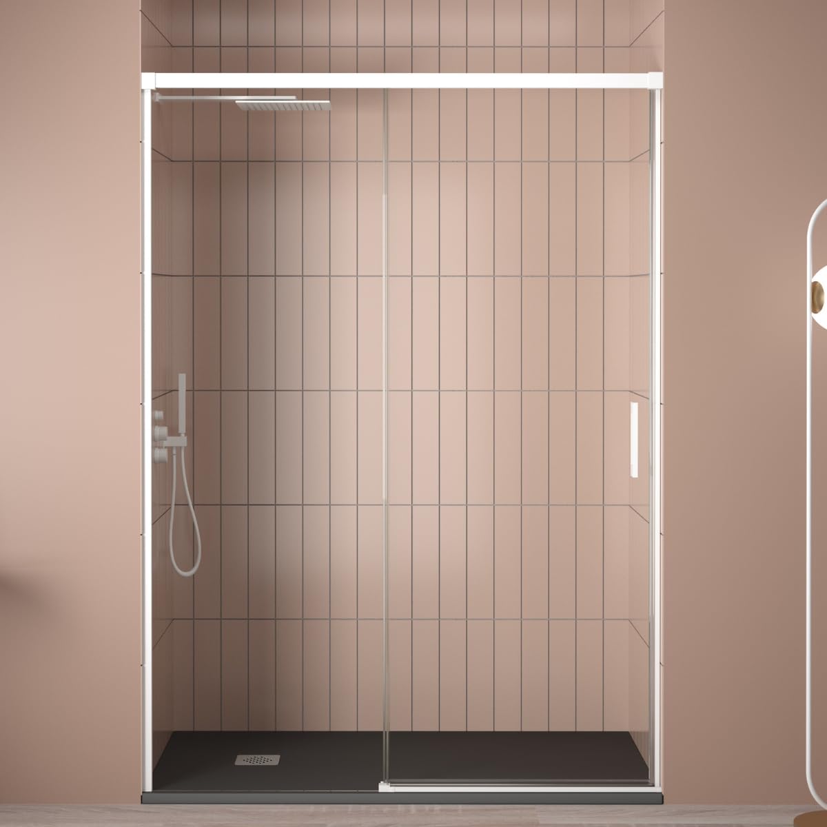 Mampara Ducha Frontal Corredera 1 Puerta Corredera 1 fijo | Cristal templado 6mm Antical Transparente | Altura 195cm | Perfilería Blanco Mate | 160cm (Adaptable 154-159cm)