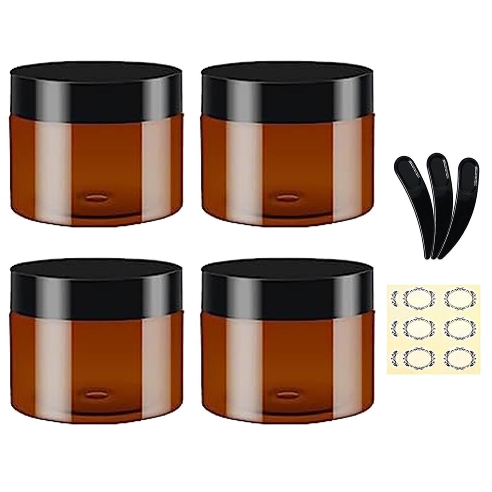 Apstaqeoo 120Ml * 4Pcs Round Cosmetic Containers - 4Pcs, 120Ml Amber Plastic Jars With Black Lids, 3 Spatula & 6 Labels - Refillable Travel Jars For Lotion, Ointments, Creams, Gel Storage
