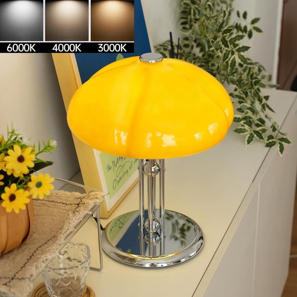AoLa Pilz Tischlampe mit Kabel, Dimmbar LED Pilz Lampe mit Schalter und USB Stecker Tischleuchte Modern Mushroom Lamp mit Orange Glas Lampenschirm Nachttischlampe für Schlafzimmer Wohnzimmer Deko