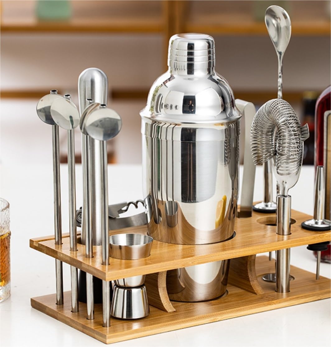 Shaker À Cocktail pour Mélanger Boissons Kit De Barman avec Support en Bambou Élégant, Ensemble De 14 Shakers À Cocktail pour Boissons Mixtes pour Bar Fête(750ml)