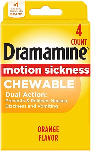 Dramamine Fórmula masticable para aliviar el mareo por movimiento 4 tabletas naranjas el embalaje puede variar