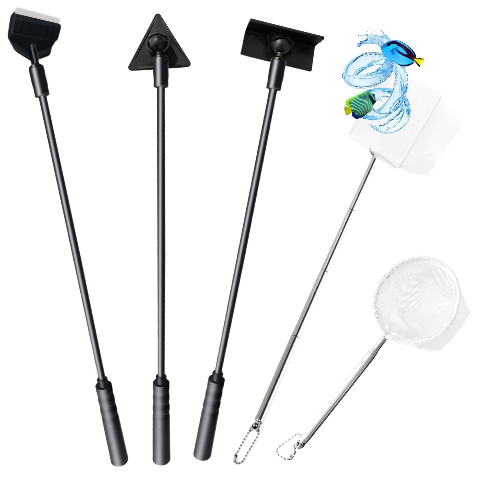 6 Pcs Fish Net Aquariums Set, 3 Fish Tank Glass Cleaners 2 Fishes Nets and 1 Handle, Fishs Tanks Cleaner Aquarium Glass Cleaner, Black Aquarium Cleaning Kit for Fishes Tank Cleaning