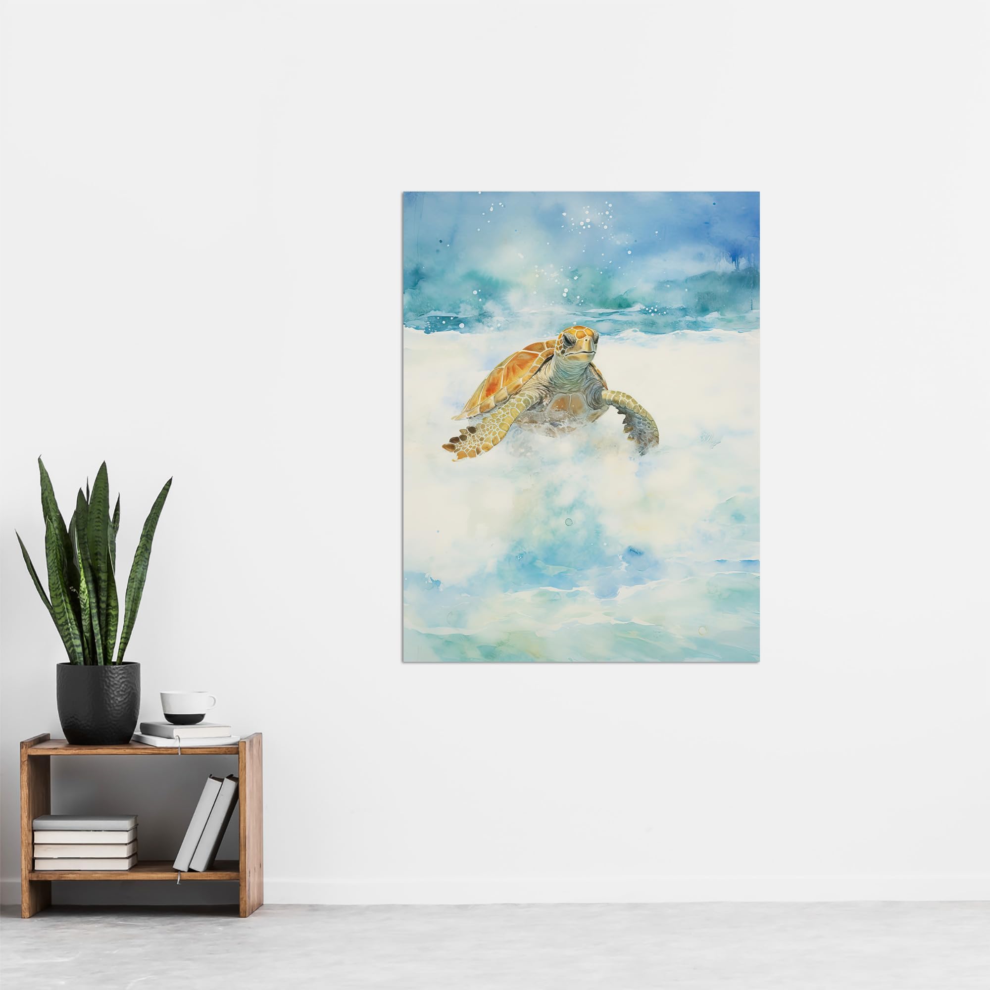 Artery8 Sea Turtle Surf Watercolour Painting Surfing Over Foam Waves Bright Seascape Extra Large XL Wall Art Poster Print - Image 4