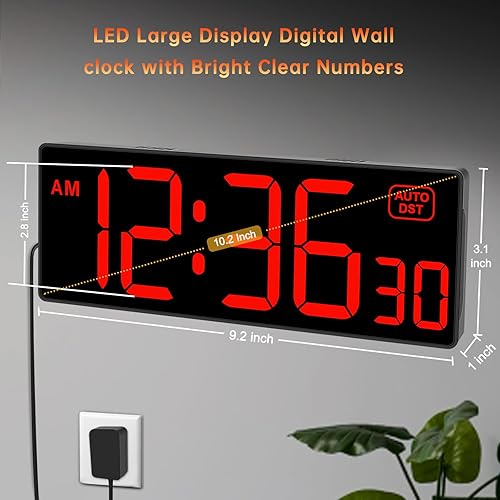 Miniatura 2 de Soobest Reloj de pared digital con temperatura de fecha números de pantalla LED grandes con atenuador de 12 pulgadas rojo