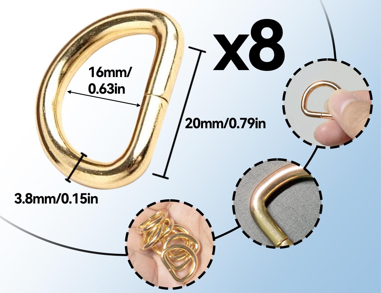 KAPSING 8 Stück Metallring Gold D Ringe Wirbelkarabiner Ring D Ringe 20mm Schlüsselverschlüsse Gürtelschnalle Nähen Schultergurt-Ersatzteile für Handtasche Rucksackgurte