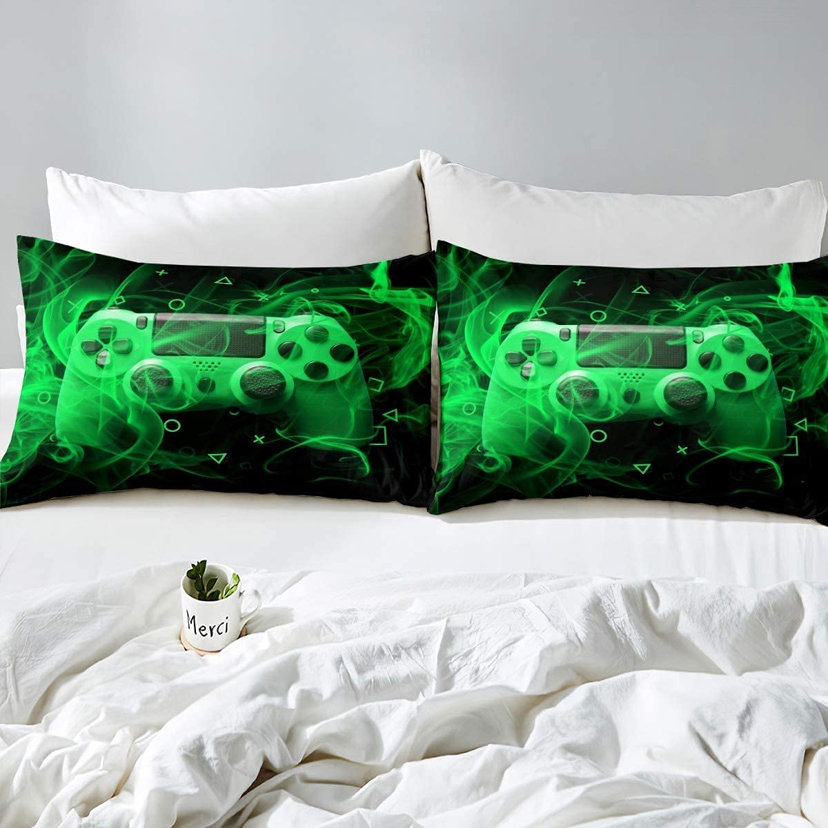 Homemissing Youth Gaming Bedding Set Kids Gamer Duvet Cover for Boys Girls Game Controller Bedding & Linen Modern Games Console Action Buttons King Size Green Black - Image 4