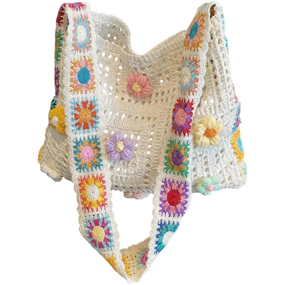 Danlai Floral Ethnic Crochet Crossbody Bag, Knitted Handbag for Women Summer Beach Work Daily City Commuting Travel