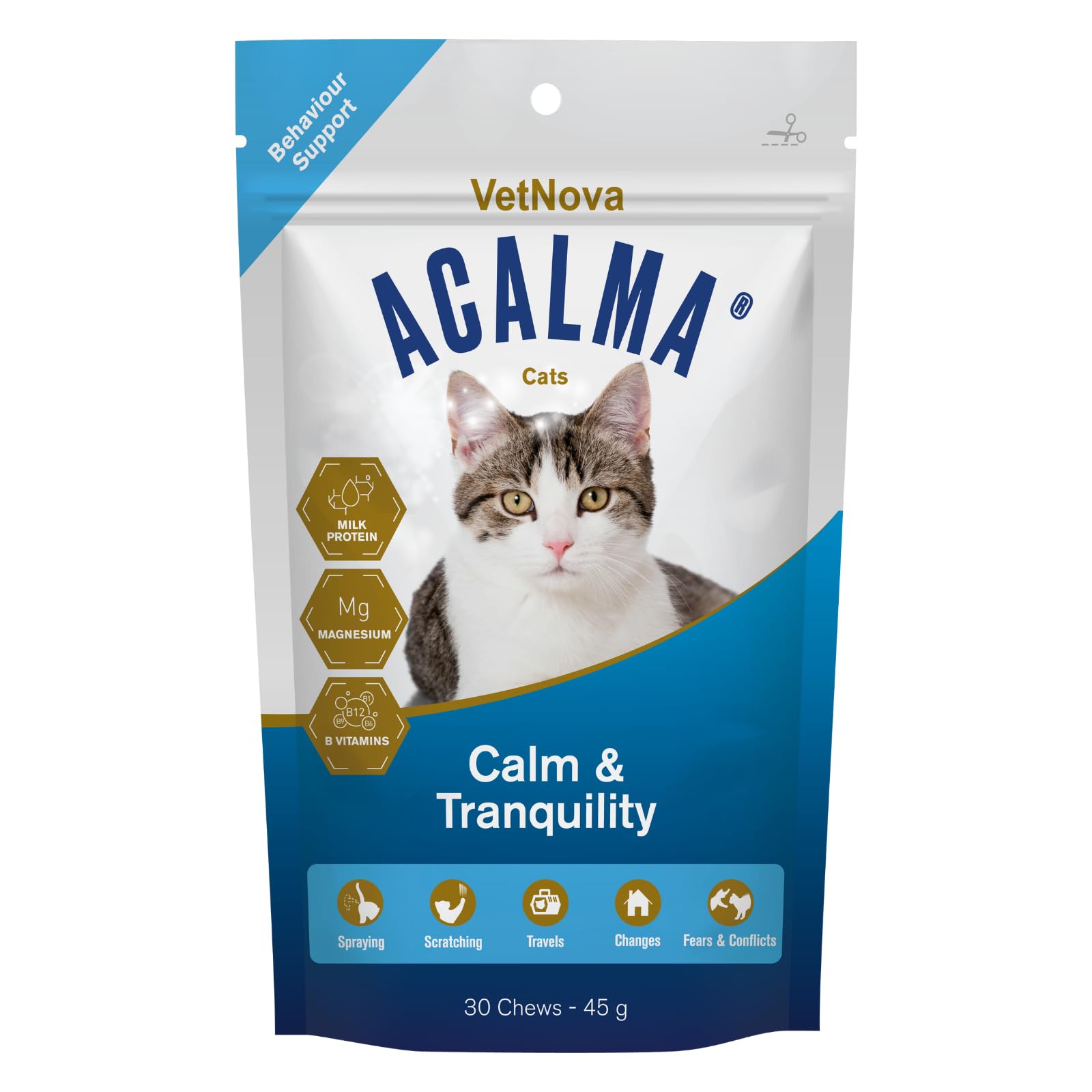 VetNova - ACALMA Cats, Chews Calmantes para Gatos con Proteína de Leche, Magnesio y Vitaminas B, Facilita la Adaptación a Cambios en su Entorno, Viajes y Ruidos, Alta Palatabilidad - 30 Unidades