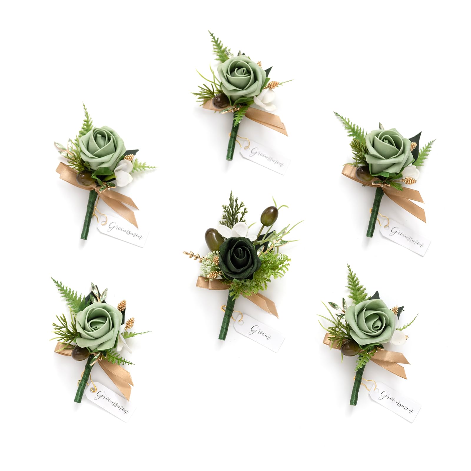 Ling's moment Boutonniere für Männer ansteckblume bräutigam, 6 Stück Bräutigam Trauzeugen Boutonniere, künstliche Blumen für Hochzeitsdekoration/Abschlussball/Heimkehr usw. Grün Beige
