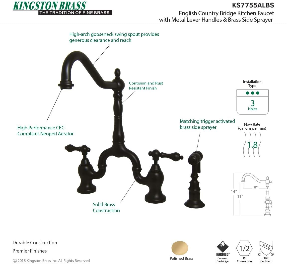 Kingston Brass KS7755ALBS English Country Bridge Kitchen Faucet, Oil-Rubbed Bronze, 8 x 8.25 x 14.5