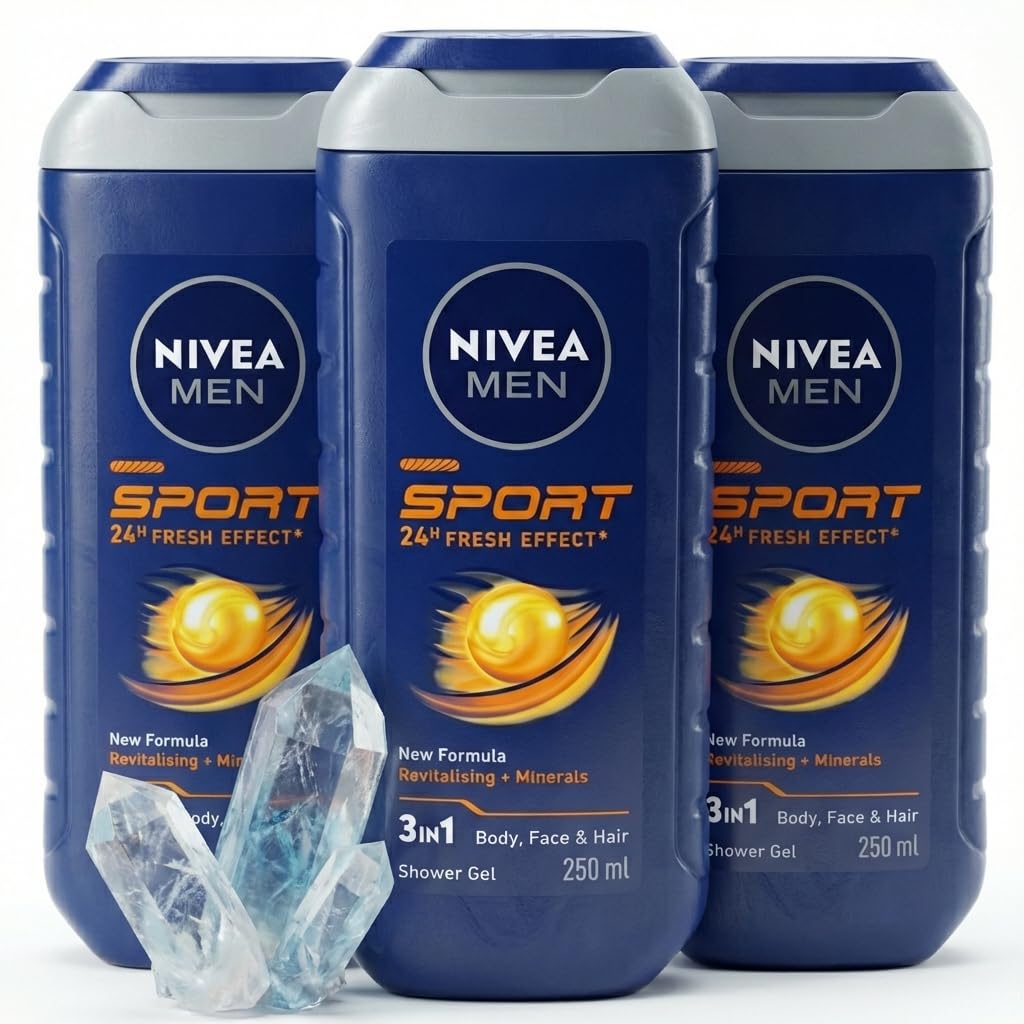 NIVEA MEN Sport Shower Gel Pack of 3, 3-in-1 Body Wash for Men with Minerals, Cleansing Shower Gel for Body Face Hair, Fresh Energising Mens Body Wash, 3 x 250ml Multipack