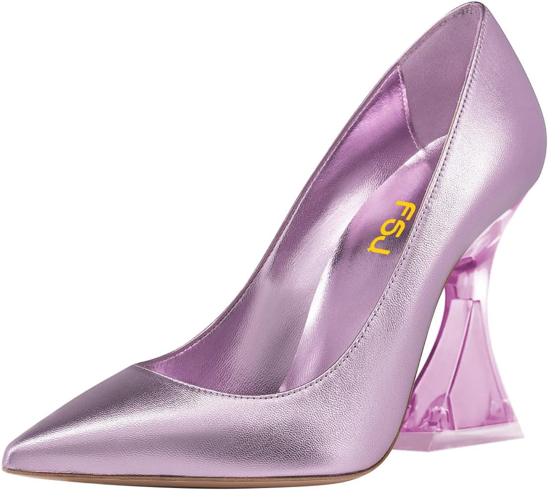 FSJ Women Sexy Pointed Toe Pumps Chic Transparent Chunky High Heel Slip On Closed Toe Office Lady Formal Wedding Party Dress Shoes Size 4-16 US
