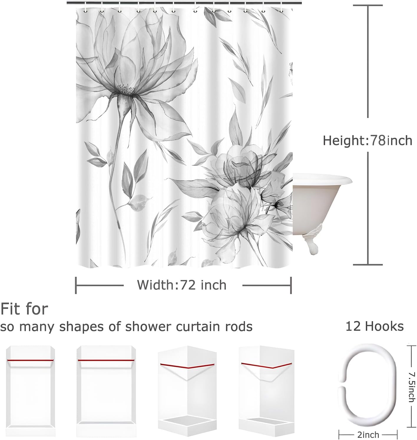 Grey Watercolor Floral Shower Curtain, Flower Leaves Minimalist Aesthetic Art Shower Curtains for Bathroom Sets Decor, Waterproof Polyester Cloth Fabric with 12 Hooks,72x78 Inch