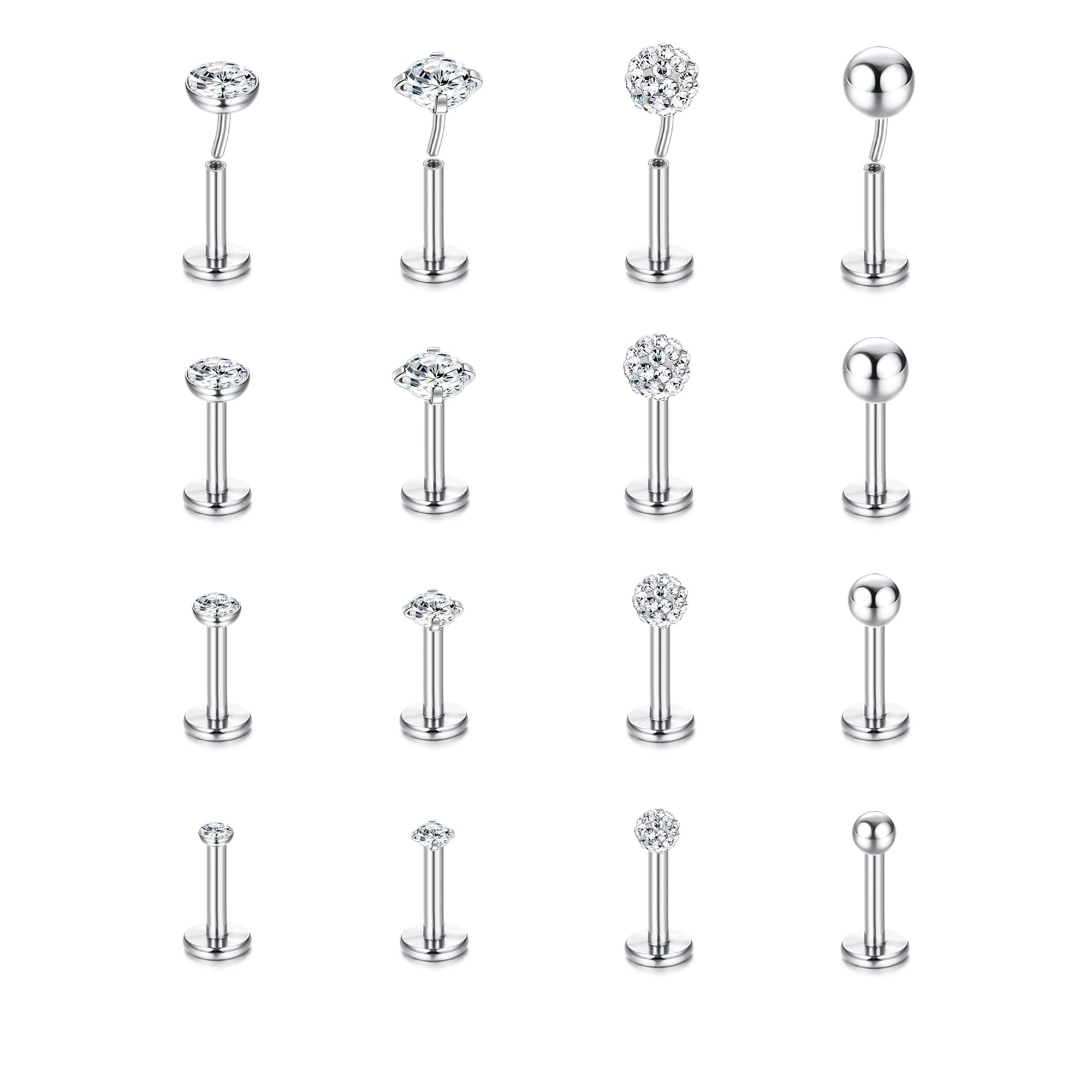 MILACOLATO 16G Piercing Labret Labio Acero Inoxidable Clear CZ Bola Redonda Labio Medusa Nariz Piercing Joyas Plata Oro Piercing Oreja Cartílago Tragus Pendientes Para Mujer Hombre 16Piezas 6mm 8mm