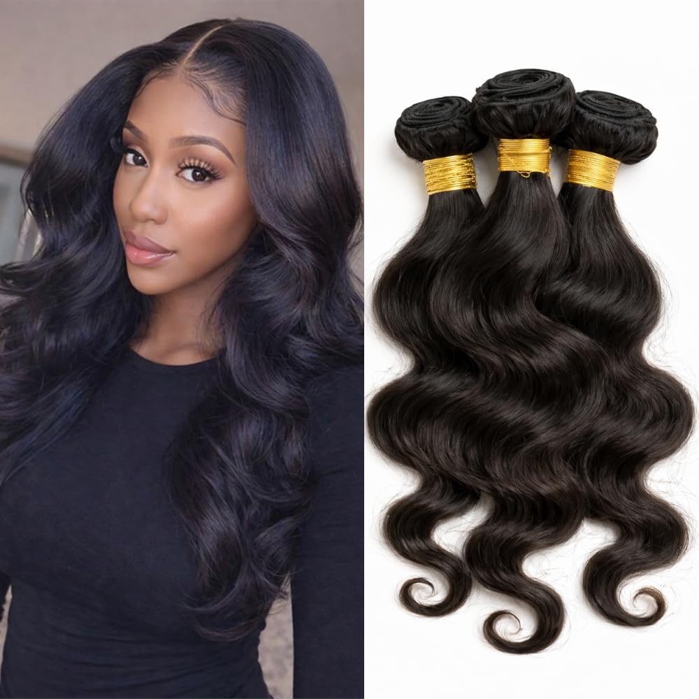 Human Hair Bundles Brazilian Remy Virgin Human Hair 100% Unprocessed Body Wave Soft Thick Weft Dyeable Hair Extensions Natural Black Color (12 14 16 inch 300g)