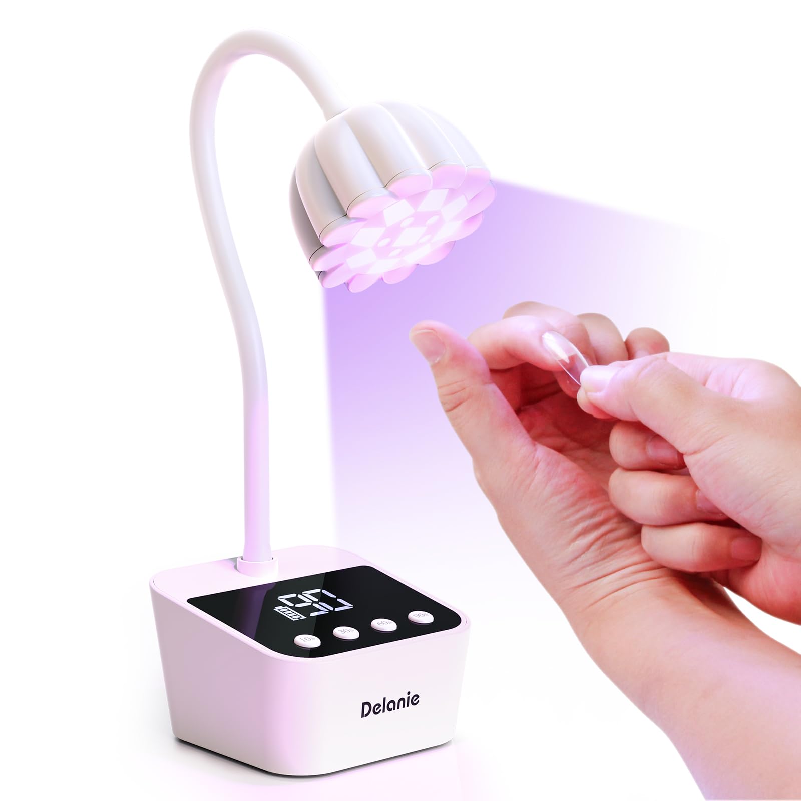Delanie Mini UV Lampe für Nägel Schnelltrocknung mit Auto Sensor & Anzeige, Wiederaufladbare Nagel UV Lampe Schwanenhals 360° einstellbar mit 4 Timer-Modus, tragbare UV Nagellampe für Gelnägel