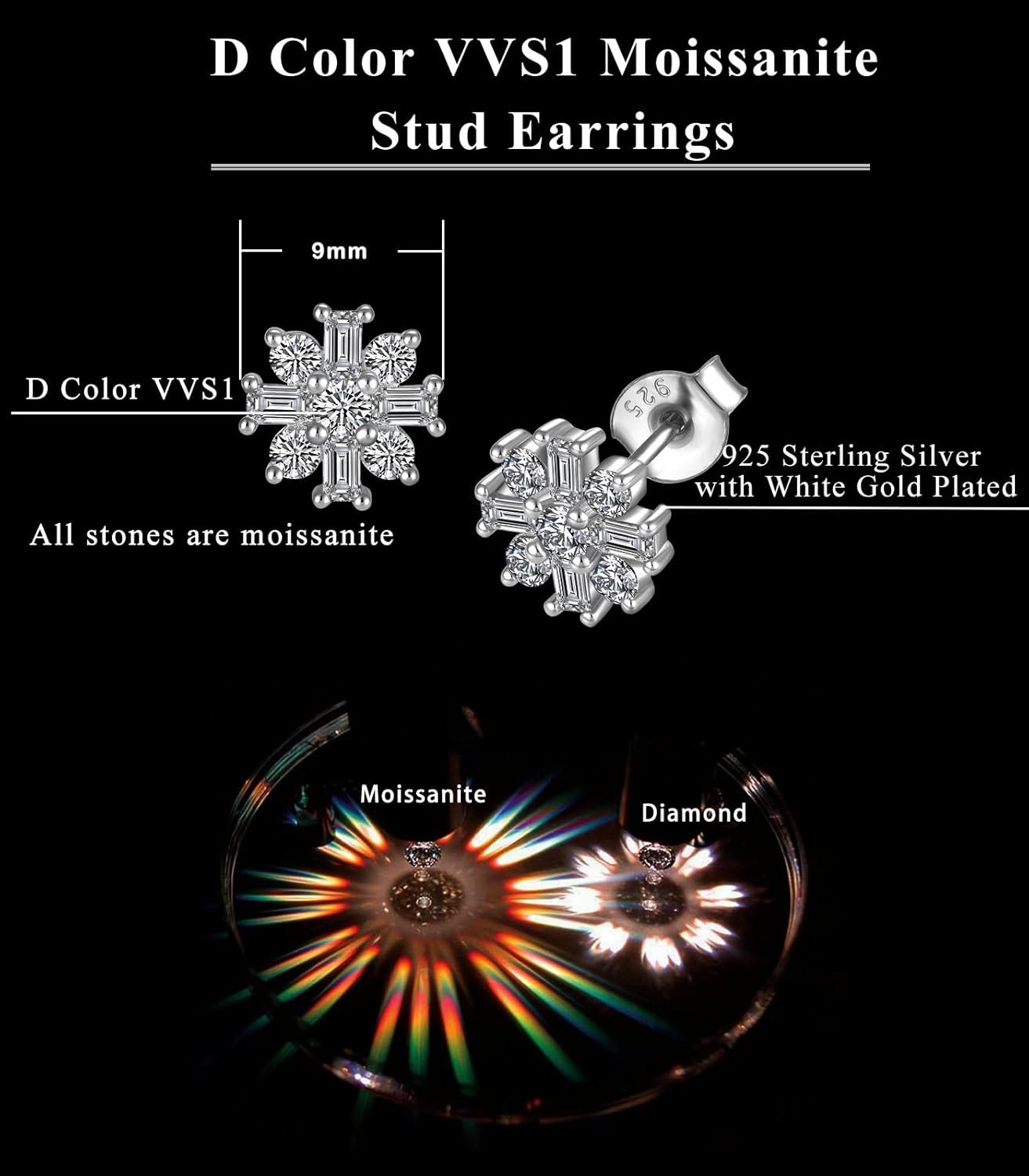 Snowflake Stud Earrings for Women 925 Sterling Silver Hypoallergenic D Color VVS1 Moissanite Earrings - Image 6