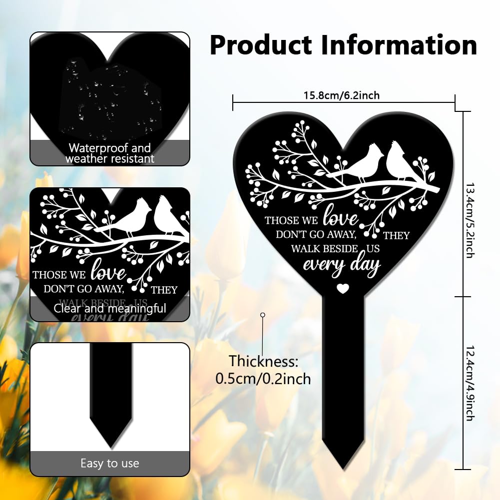 GLOBLELAND Heart-Shaped Bird Branch Memorial Plaque Stake for Cemetery Acrylic, 10x6.2 Inch, Black, 258x158mm/10x6.2inch - Image 3