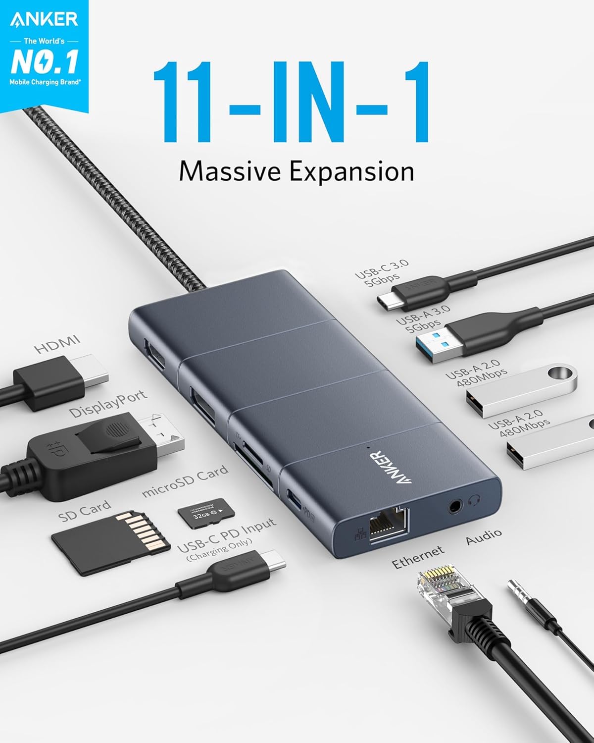 Anker PowerExpand+ 11-in-1 USB-C Adapter Hub, mit 4K@60Hz HDMI und DP, 85W Power Delivery, USB-C und 3 USB-A Datenports, 1 Gbps Ethernet, 3.5mm Audio, microSD und SD Speicherkartenleser
