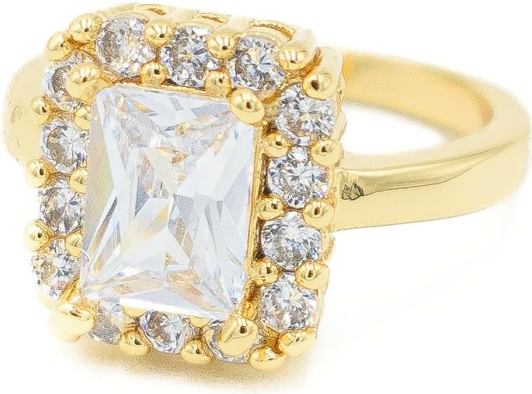 Beautiful Rectangle Emerald Cut Cubic Zirconia CZ Halo Engagement Anniversary Ring, 18k Yellow Gold Filled Plated, Size 6 - Image 2