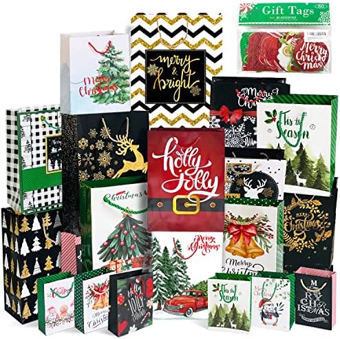 Party Funny 24 Christmas Gift Bags Assorted sizes with 60-Count Christmas Gift Tags(Bulk Set,6 XL,6 Large,6 Medium,6 Small)