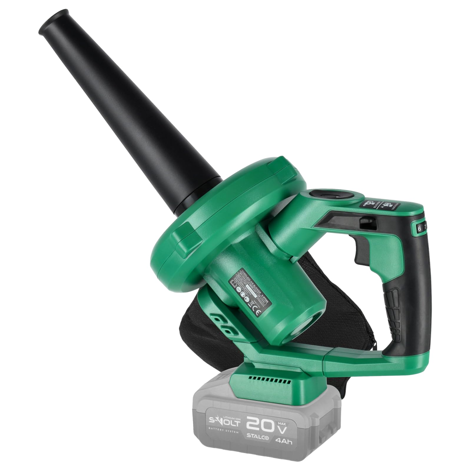 STALCO ABS20-63 akumulatorowa dmuchawa do liści i odkurzacz do liści 20 V – dmuchawa 2 w 1 z regulacją prędkości obrotowej, prędkość powietrza 63,5 m/s, pojemnik 0,5 l, 1,76 kg, bez akumulatora