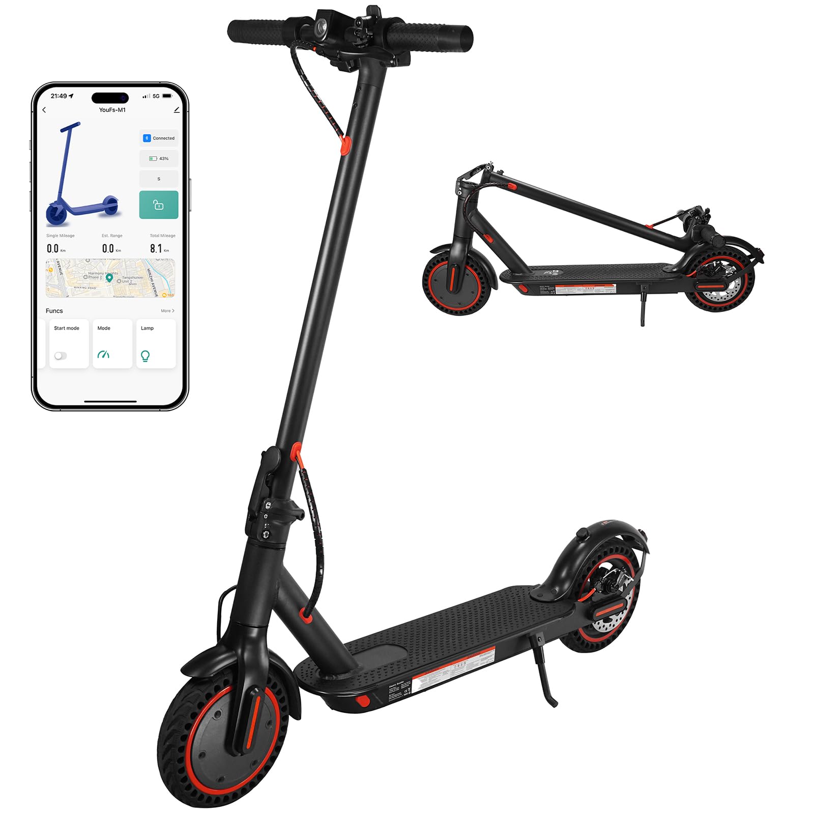 Electric Scooter Adults 8.5” Solid Tires 3 Speed Modes 20-30Km Range Foldable Electric Scooters with App Double Braking E Scooter 350W Adult Electric Scooter for Teens