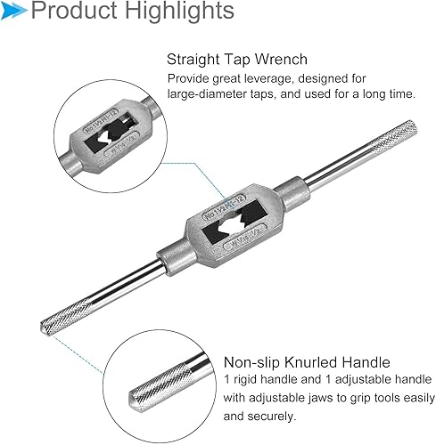 Vista 12 de Mango de llave de grifo, ajuste M1-M8 W1/16-1/4 tamaño de grifos, aleación de zinc y acero al carbono, herramienta de mano de roscado ajustable