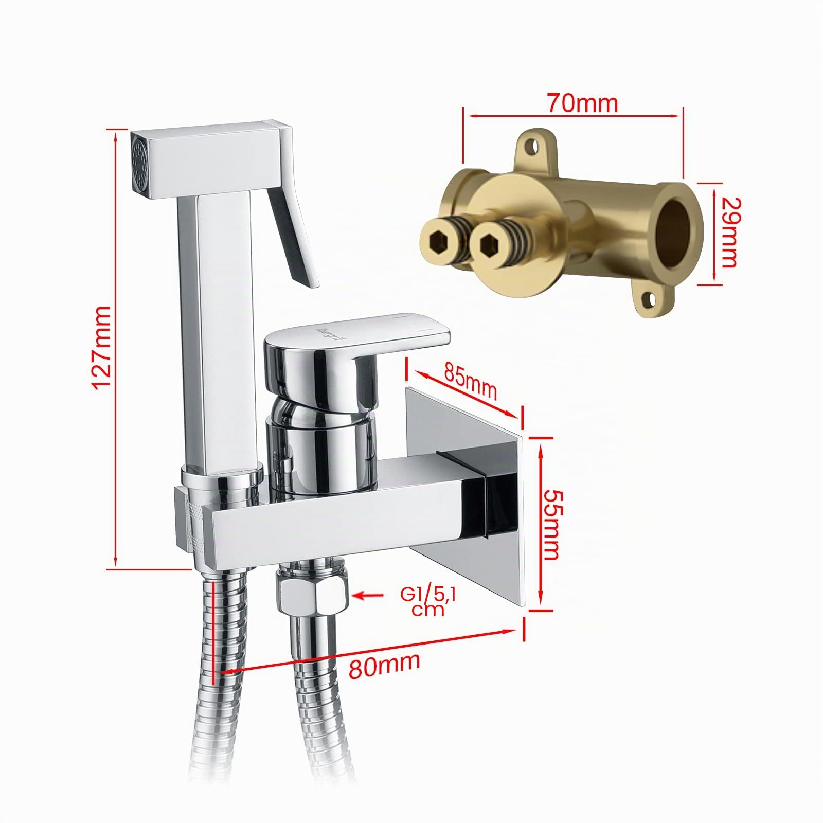 Ibergrif bidet à main chromé avec tuyau et valve d'arrêt | Muslim shower Shattaf pour WC, toilette et hygiène personnelle, kit complet