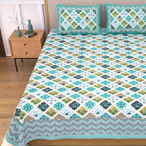 Image of India 100% Pure Cotton Jaipuri Printed Double Bedsheet with 2 Pillow Covers | Traditional Sanganeri Floral Design | Soft Breathable Fabric | King Size Bedsheet for Bedroom (Kaya37)