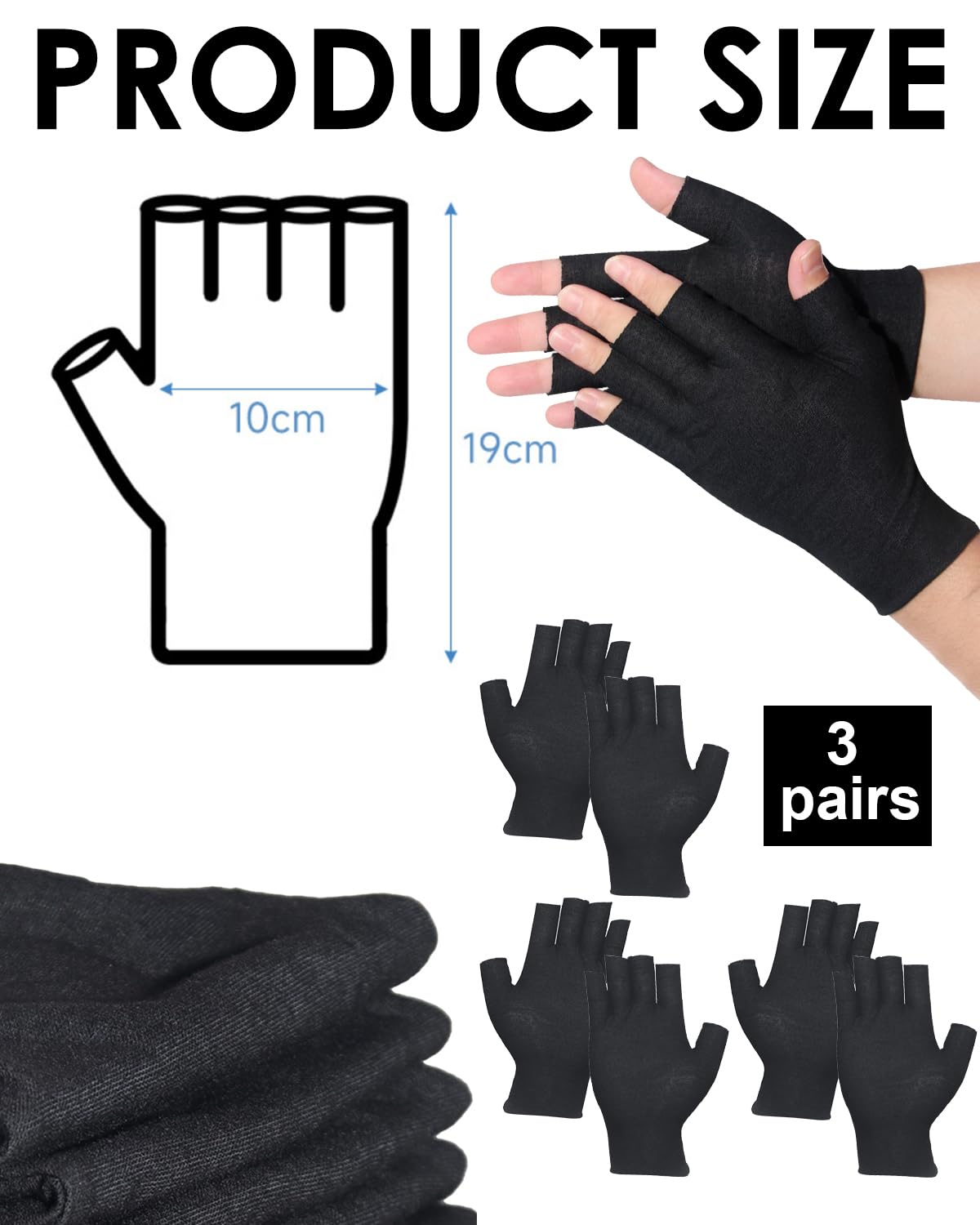 3 paia Guanti senza dita in cotone,Guanti da fitness sottili,Protezione UV estiva per mezze dita,Guanto in stoffa,Guanti in tessuto certificati e delicati sulla pelle-Nero
