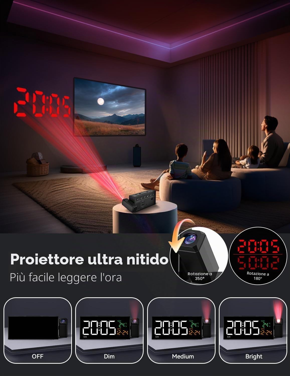 Sveglia digitale con funzione di proiezione, sveglia con proiettore a 350°, termometro, data, grande display, 10 suonerie, snooze, 5 luminosità, 4 volumi, DST manuale, sveglia rumorosa camera da letto