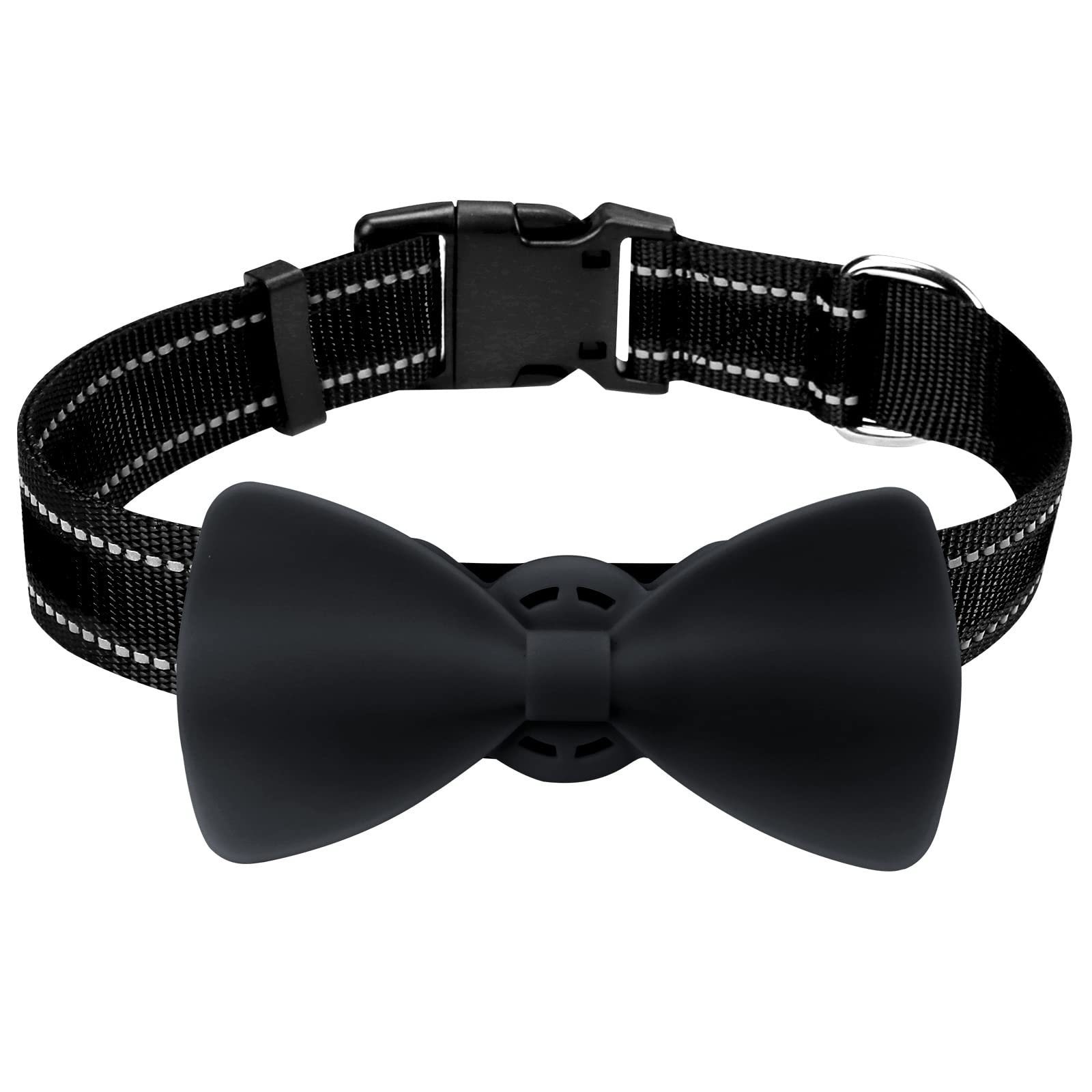 Winsee Airtag Dog Collar, Reflective Nylon Pet Collar with Silicone Case for Apple Airtags, Cute Bowtie Pet Airtag Holder for Puppy Small Medium Large and Extra-Large Dogs - Black S: 10"-16" neck