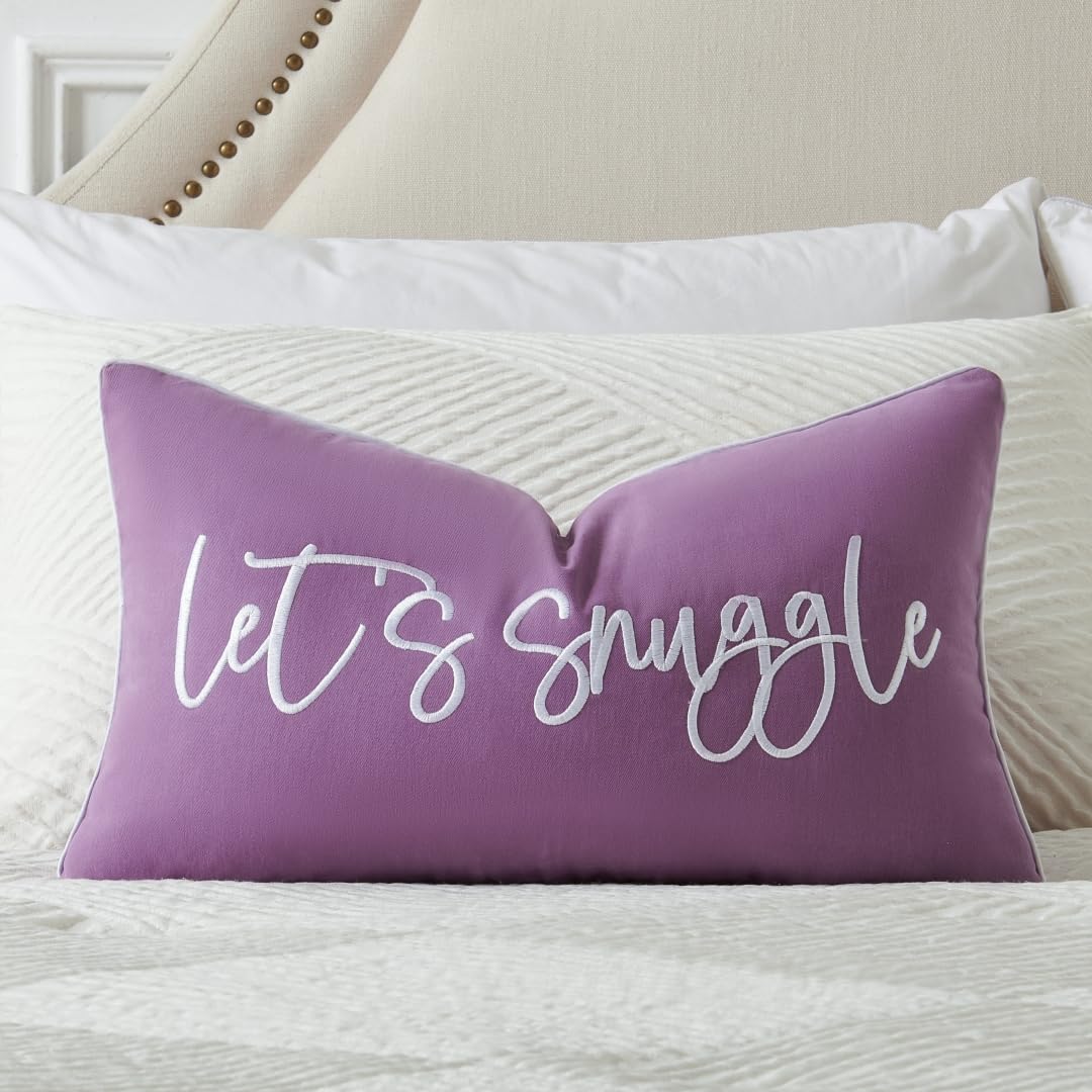 Sunkifover Let's Snuggle Decorative Lumbar Pillow Cover - 12x20 Inch Purple and White Cotton Embroidery Throw Pillowcase for Bed, Bedroom, Living Room, Home Decor โ image 1