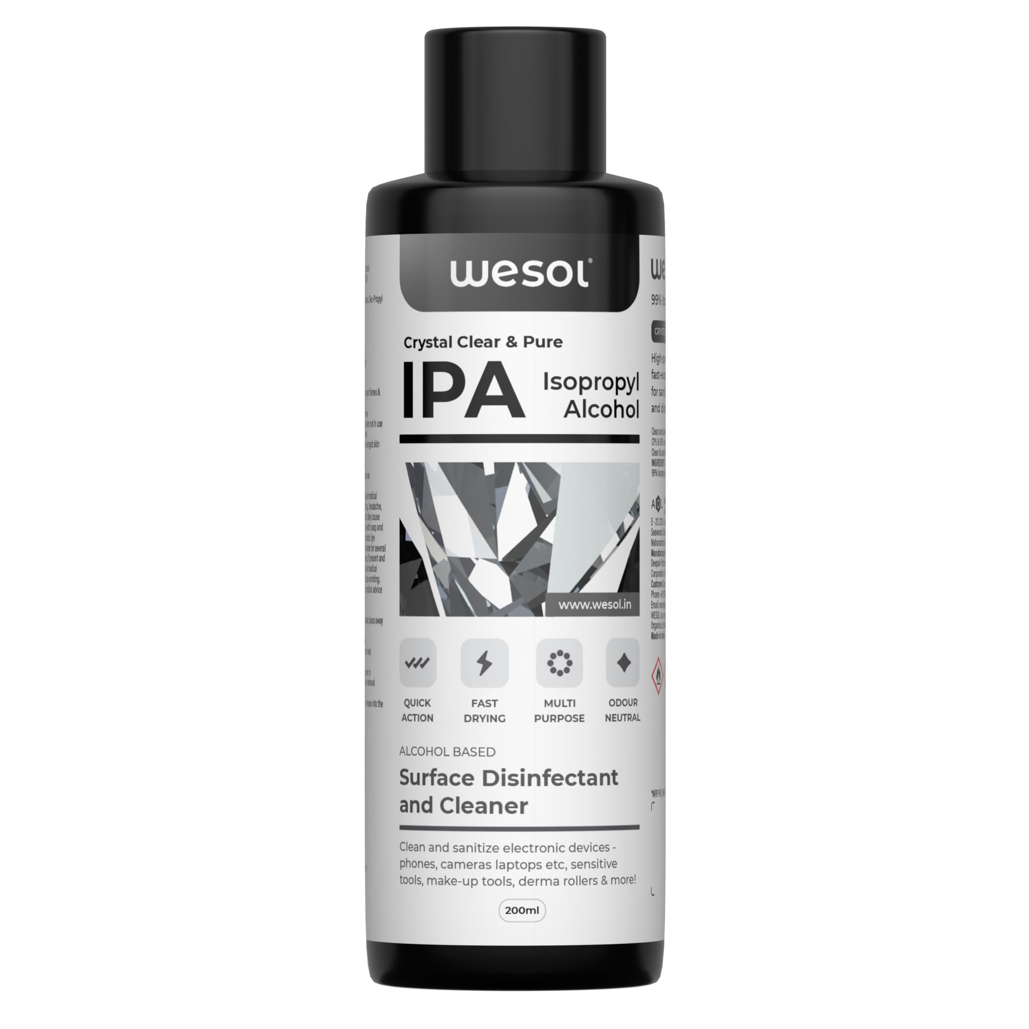 Wesol IPA Isopropyl Alcohol 99.9% Surface Disinfectant and Cleaner, 200ml, Multi-Purpose for Electronics, Makeup Tools, Derma Rollers