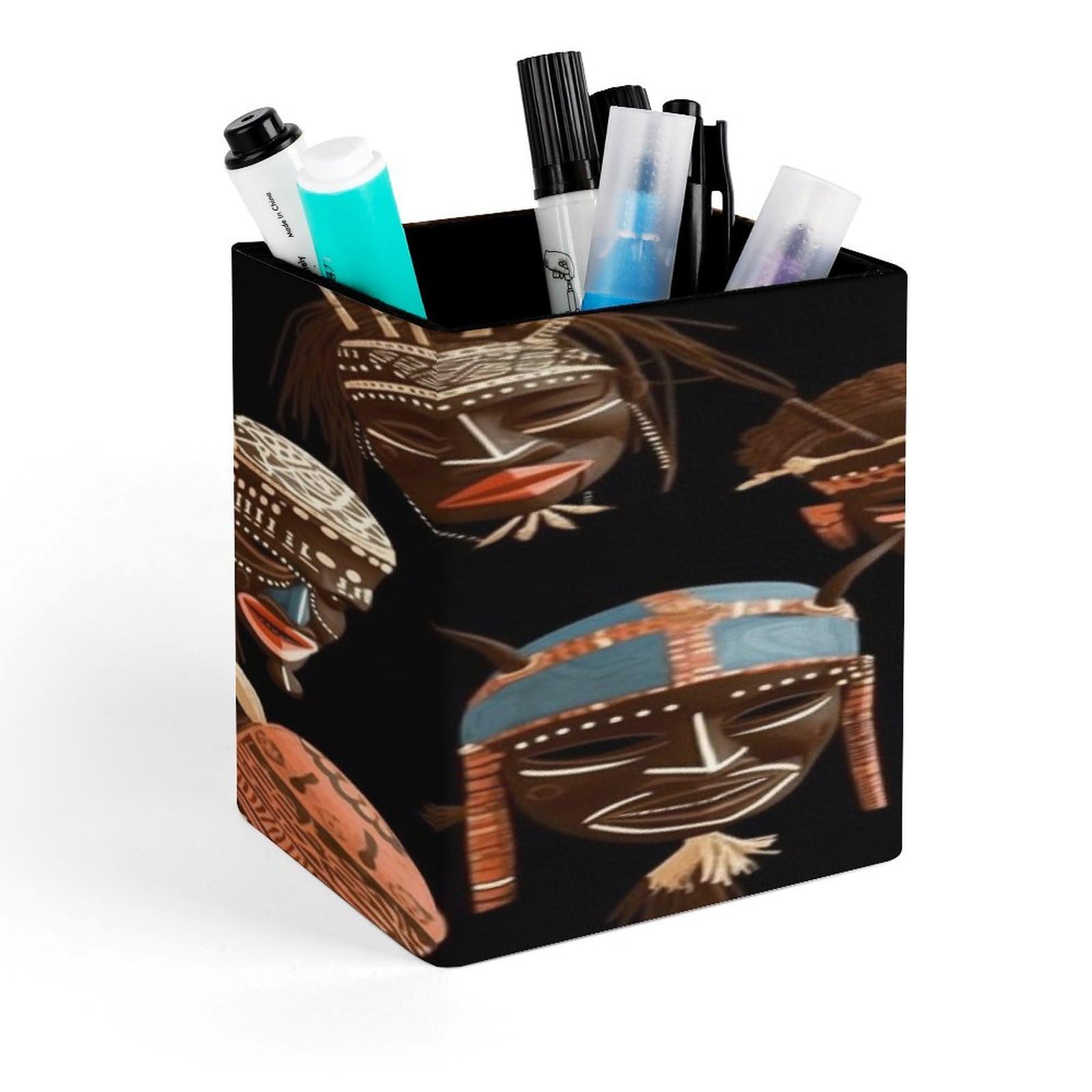 LZQPOEAS African Ritual Ethnic Tribal Square Pen Pencil Holder PU Leather Pencil Cup Desktop Stationery Organizer Office Accessories Container