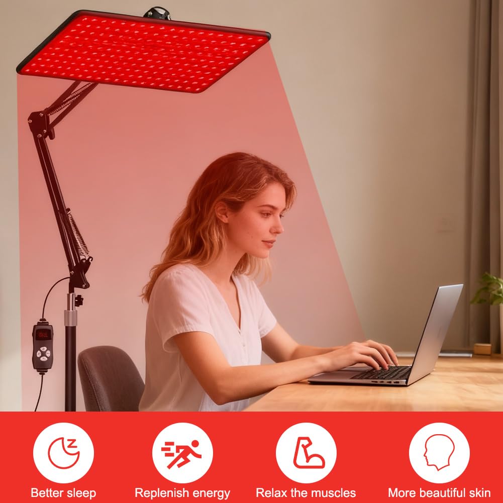 Czerwona lampa do całego ciała i twarzy z 200 diodami LED, lampa ciepła na podczerwień z 5 poziomami jasności i trybami długości fal (660 nm, 850 nm, 940 nm), duży panel LED z regulowanym stojakiem i