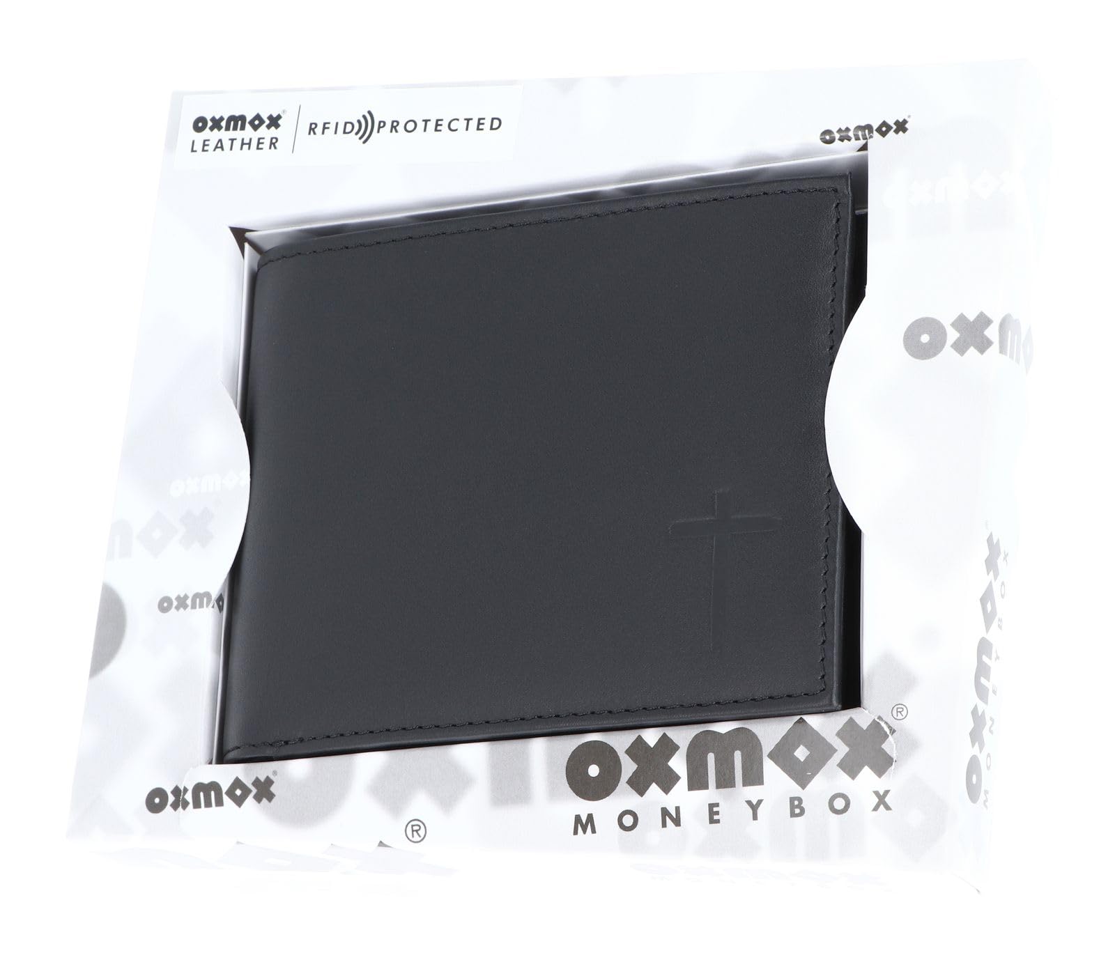 Oxmox Leder Geldbörse Leather RFID Protect Querscheinbörse Freedom Cross Embossed Black schwarz