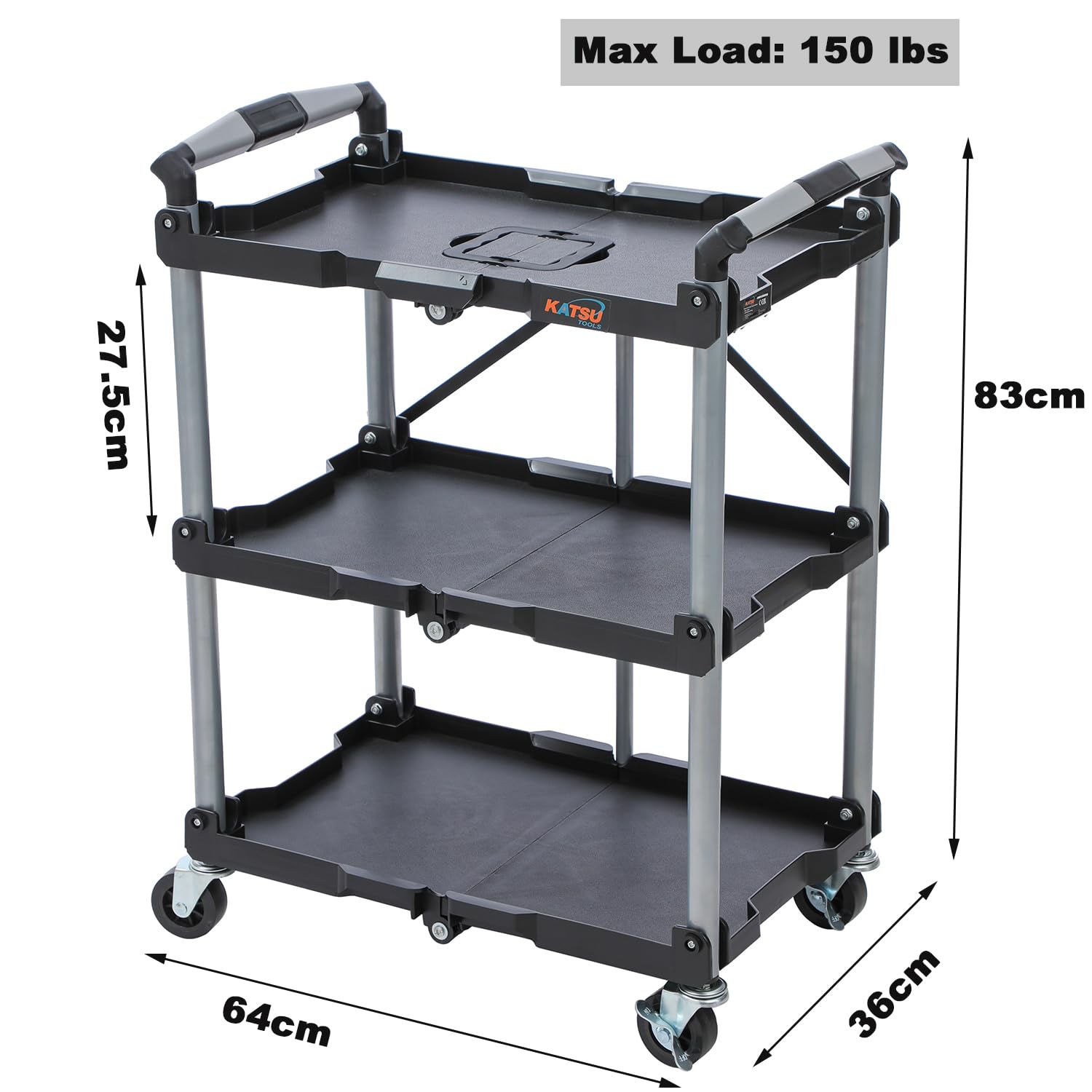 KATSU Tools Chariot de service pliable à 3 niveaux, chariot à outils utilitaire, charge de 68 kg, roues verrouillables, poignées ergonomiques, 83 x 36 x 64 cm, pour atelier, garage, maison, bureau et