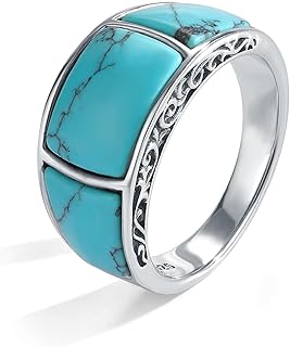 S925-Sterling-Silver Turquoise Band Ring - Vintage Wide Statement Oxidiz...