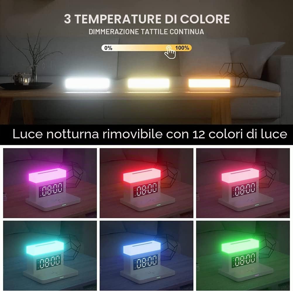 Stazione di ricarica wireless 6 in 1 con luce notturna a LED Sveglia digitale 18W Ricarica rapida compatibile per 13/12/11/Pro/SE/XS/XR/X/8Plus/8/ Galaxy/iWatch/AirPods